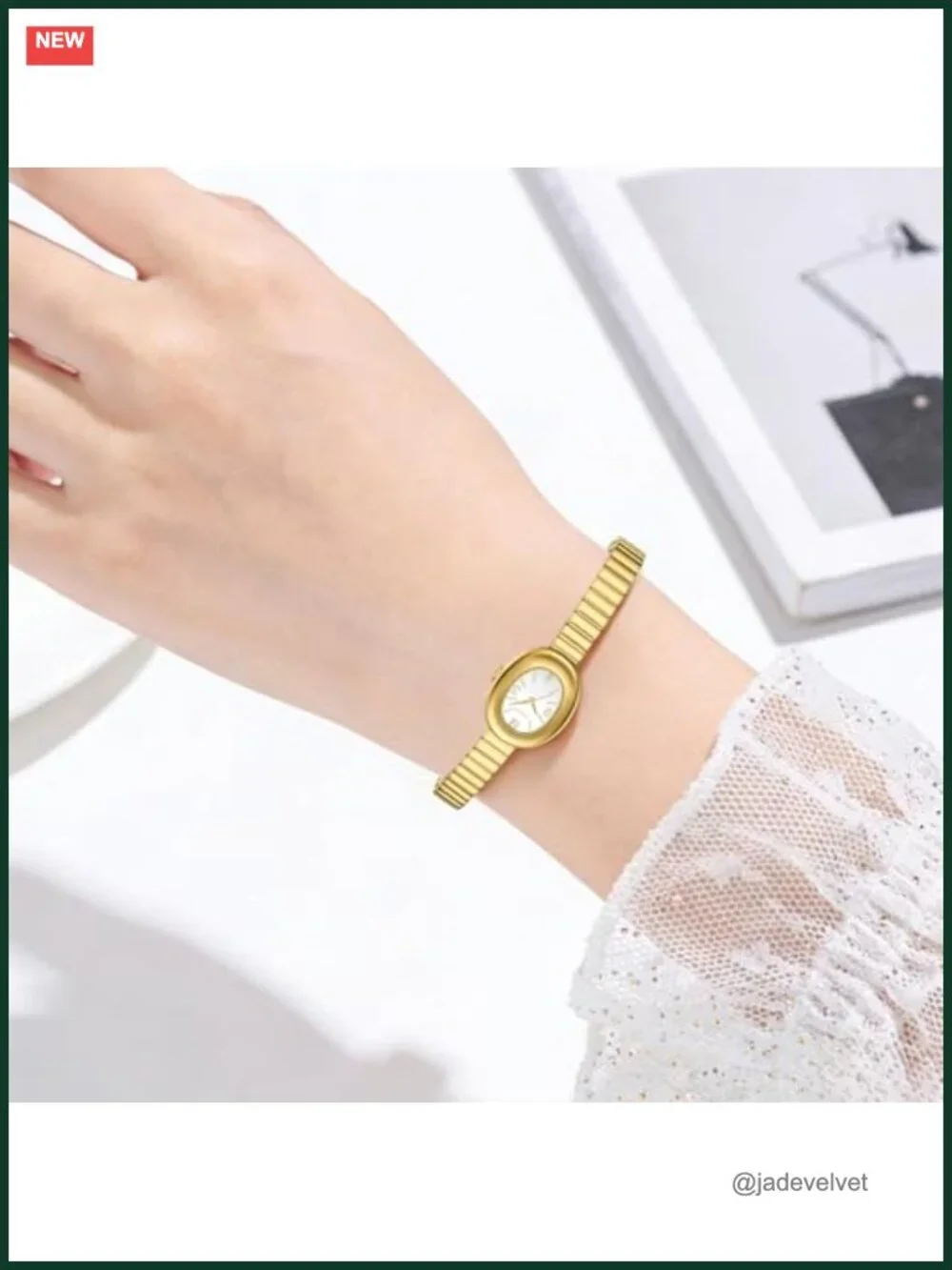 Gold Tone Oval Case Watch for Women with Stainless Steel Expansion Band